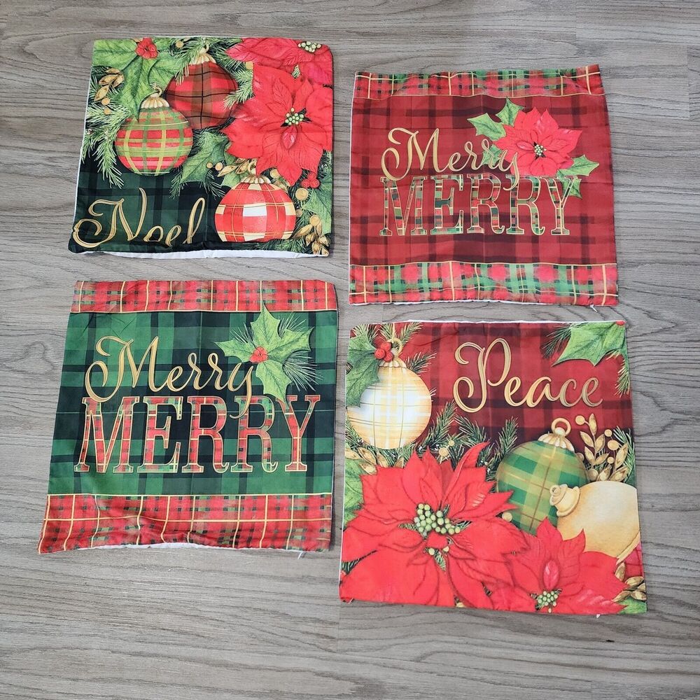 Christmas Throw Pillow Covers 18 x 18 Red & Green Plaid Pattern Set of 4 NEW
